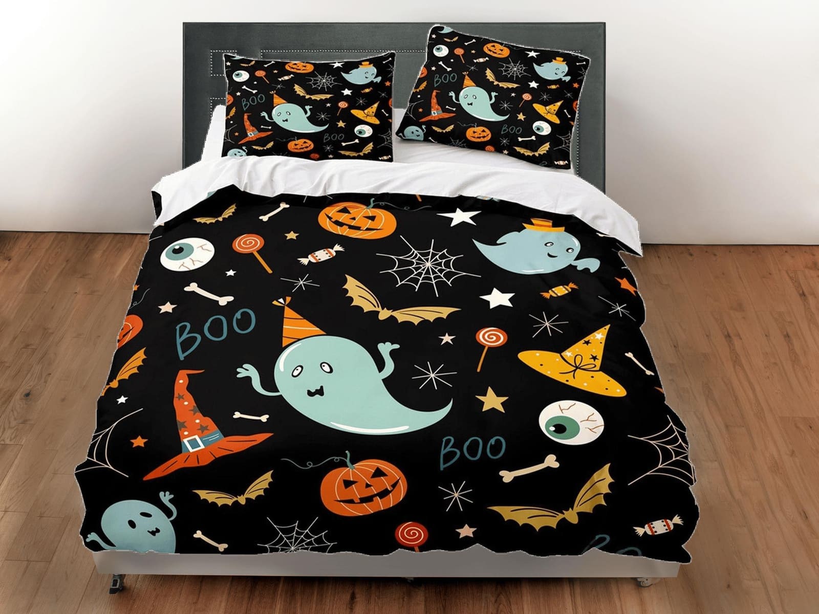 90s nostalgia halloween bedding & pillowcase, black duvet cover set dorm bedding, retro halloween, nursery toddler bedding…