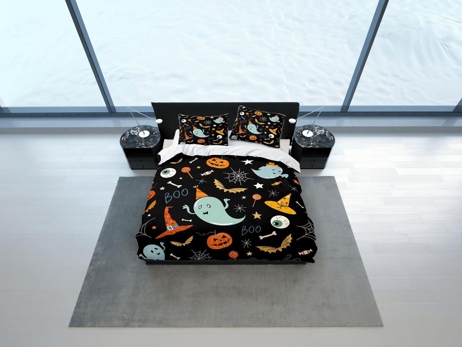 90s nostalgia halloween bedding & pillowcase, black duvet cover set dorm bedding, retro halloween, nursery toddler bedding…