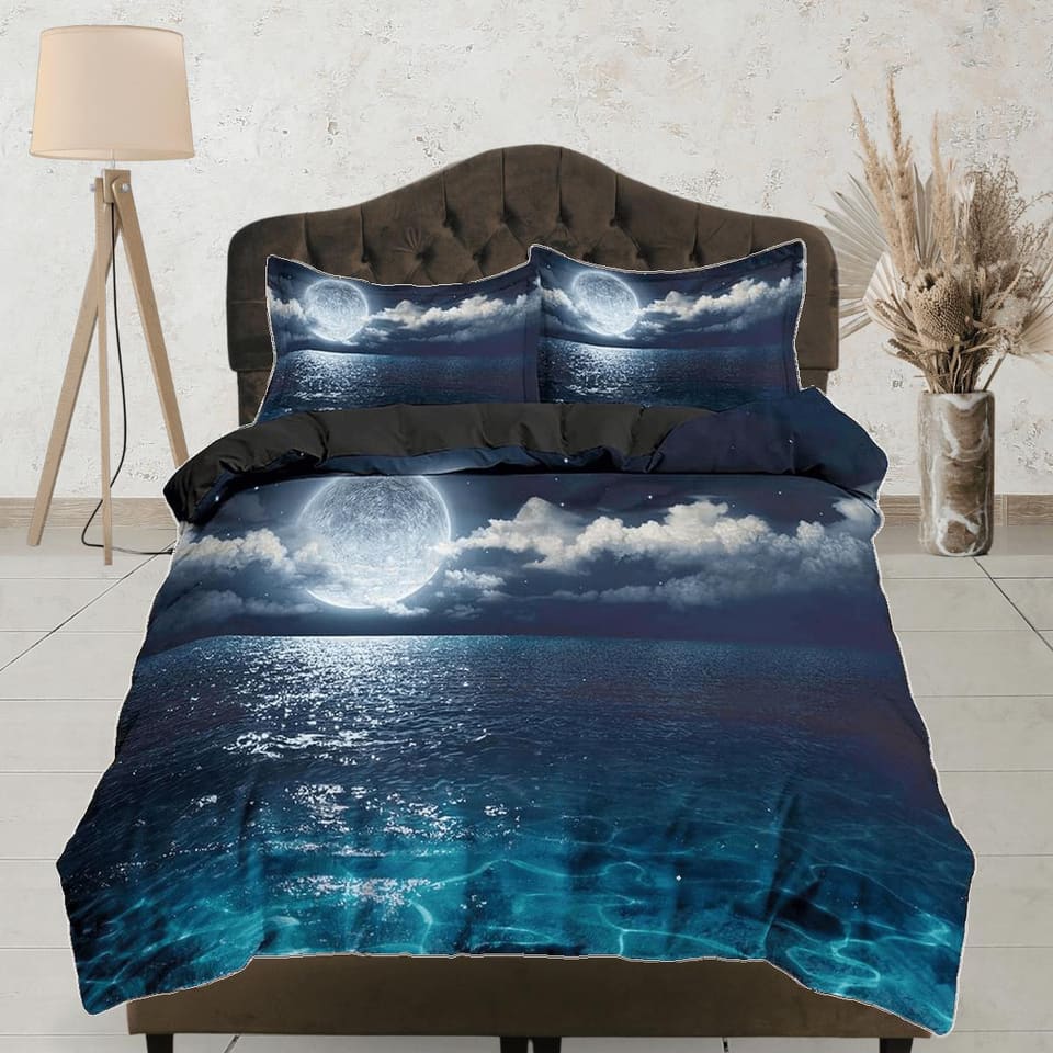 Above the calm sea moon duvet cover set galaxy bedding, space bedding set full, duvet cover king, queen, dorm bedding, tod…