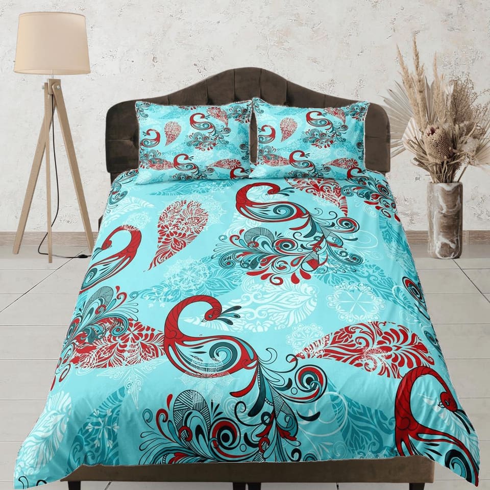Abstract design peacock decor aesthetic bedding set full, luxury duvet cover queen, king, boho duvet, designer bedding, ma…