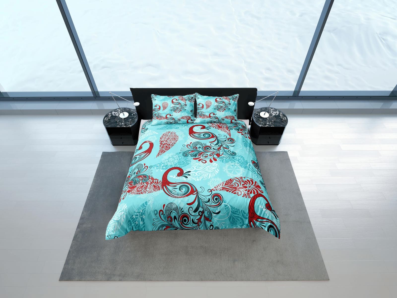 Abstract design peacock decor aesthetic bedding set full, luxury duvet cover queen, king, boho duvet, designer bedding, ma…
