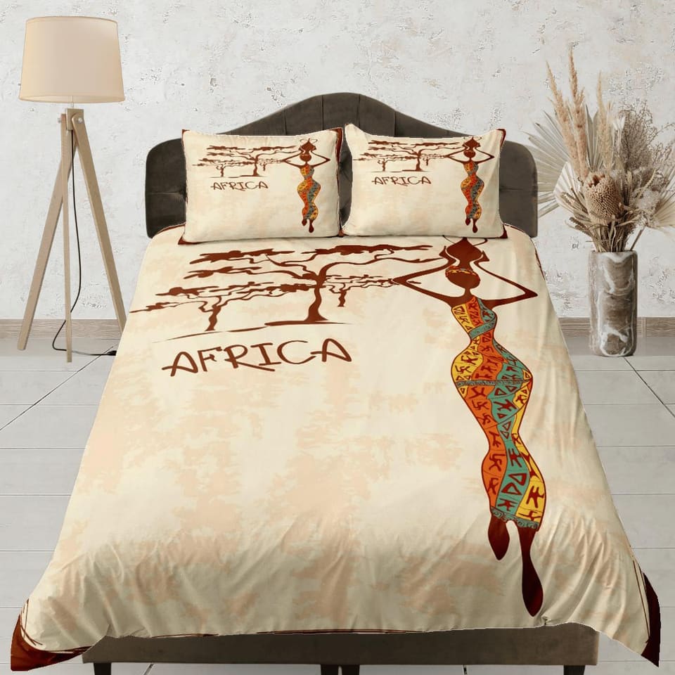 African black woman in traditional dress bedding duvet cover, boho bedding set african ethnic design, afrocentric bedding…