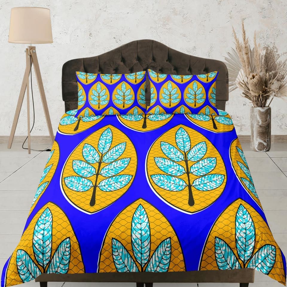 African botanical blue bedding set duvet cover, boho bedding, ethnic tribal designs, afrocentric designer bedding, south a…