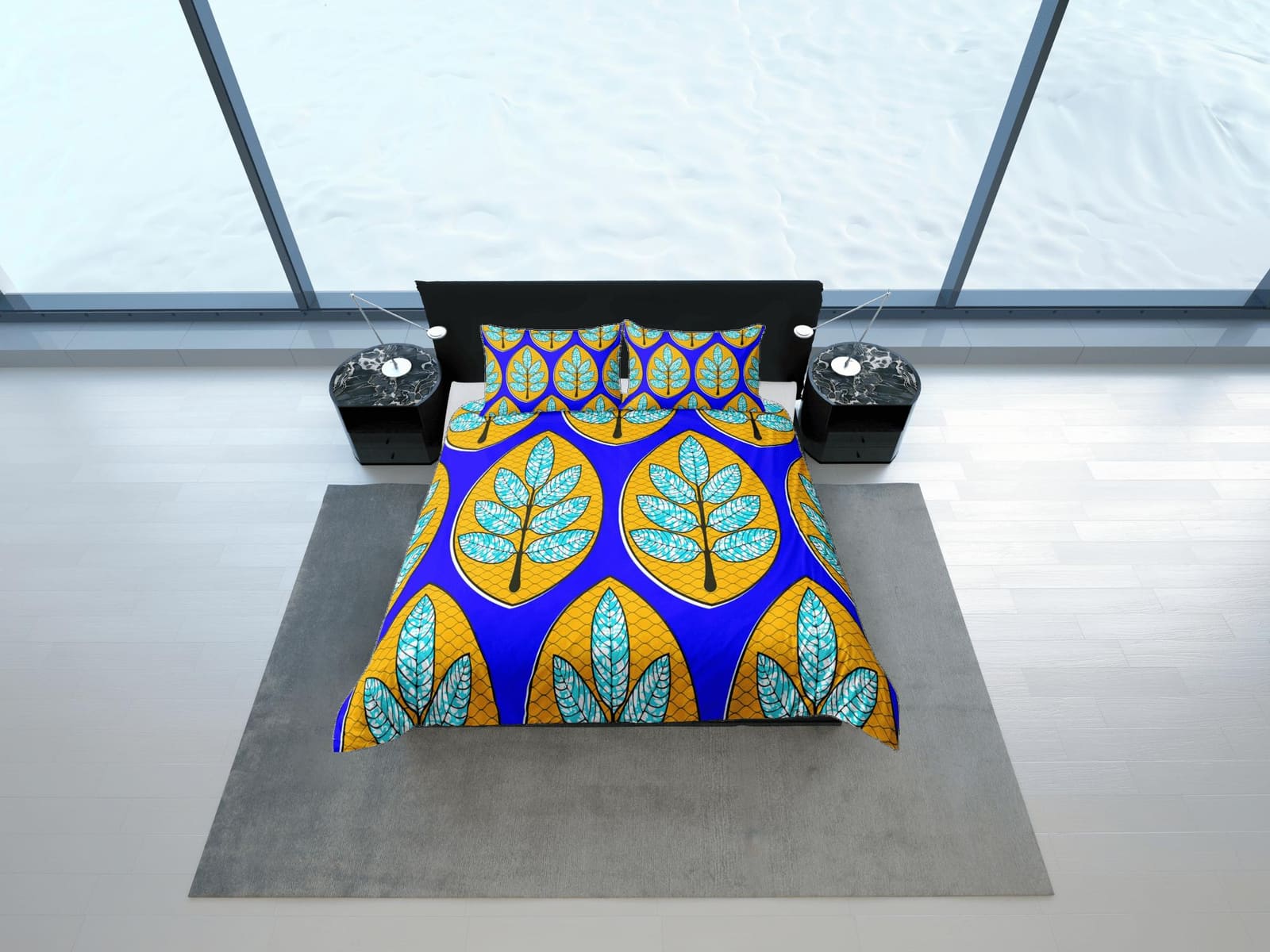 African botanical blue bedding set duvet cover, boho bedding, ethnic tribal designs, afrocentric designer bedding, south a…