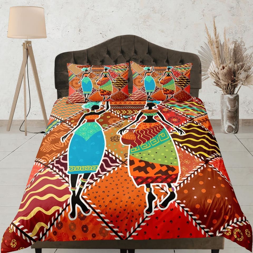 African brown bedding set patchwork duvet cover, boho bedding african ethnic tribal design, afrocentric designer bedding,…