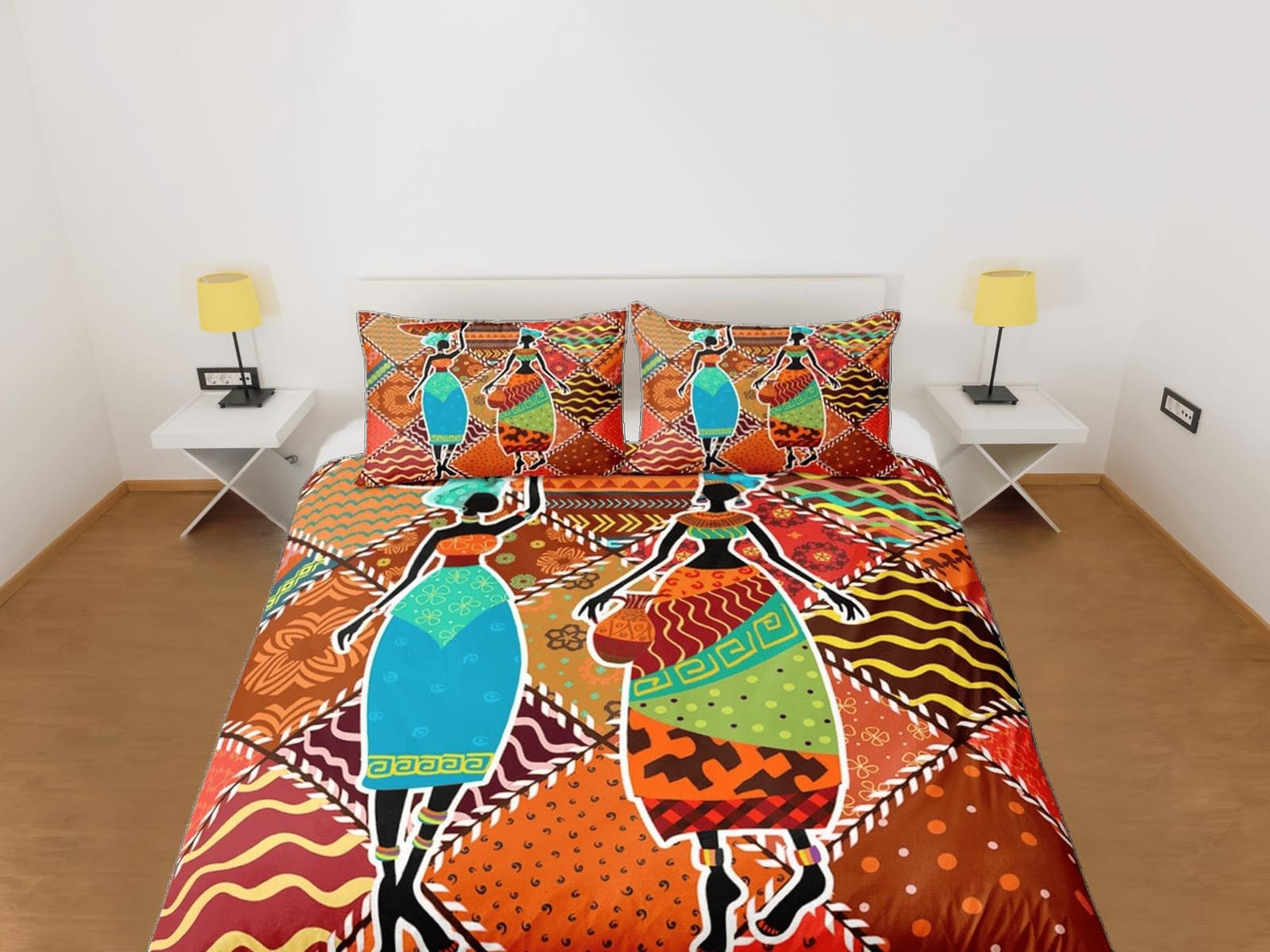 African brown bedding set patchwork duvet cover, boho bedding african ethnic tribal design, afrocentric designer bedding,…