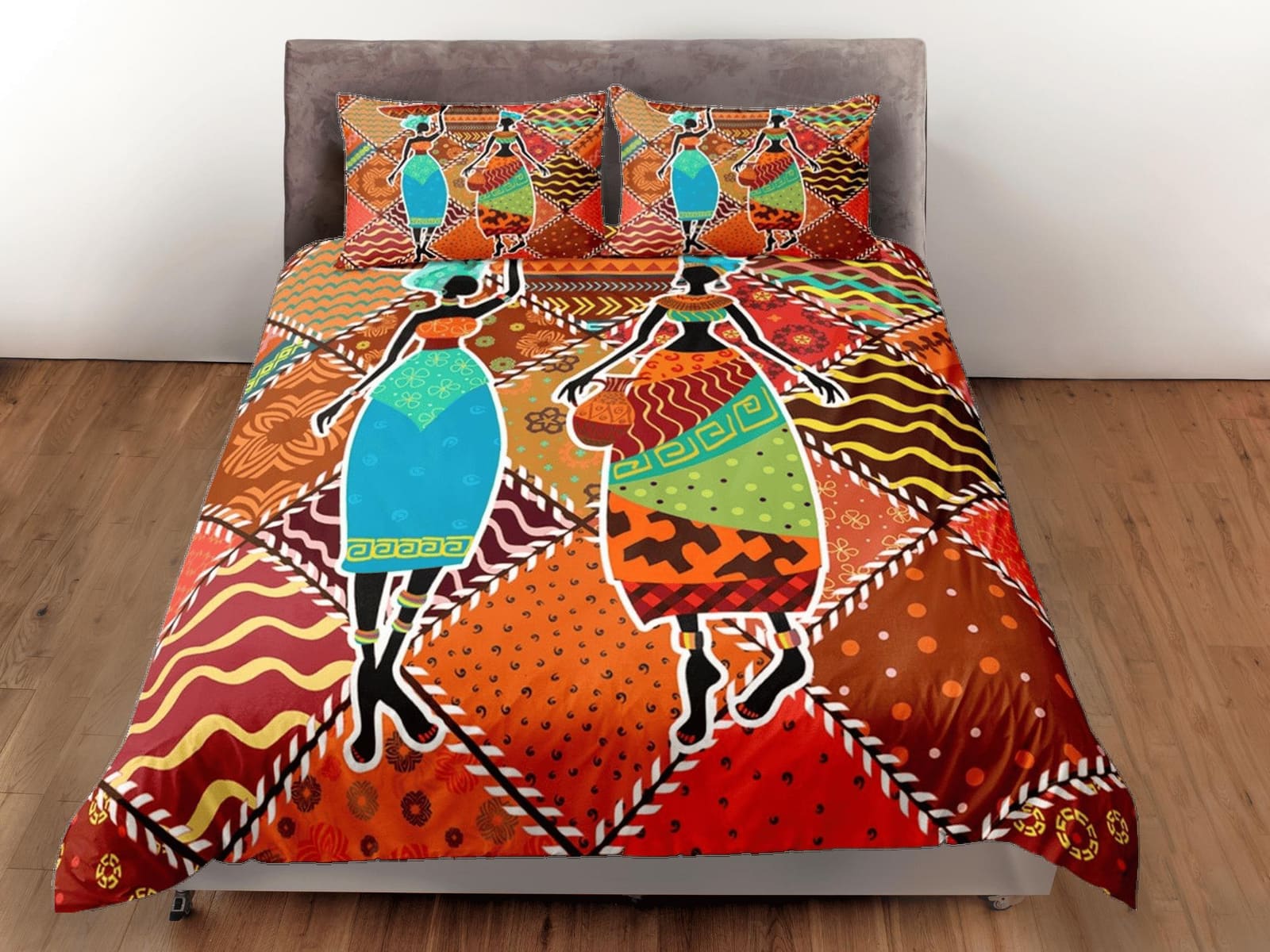 African brown bedding set patchwork duvet cover, boho bedding african ethnic tribal design, afrocentric designer bedding,…