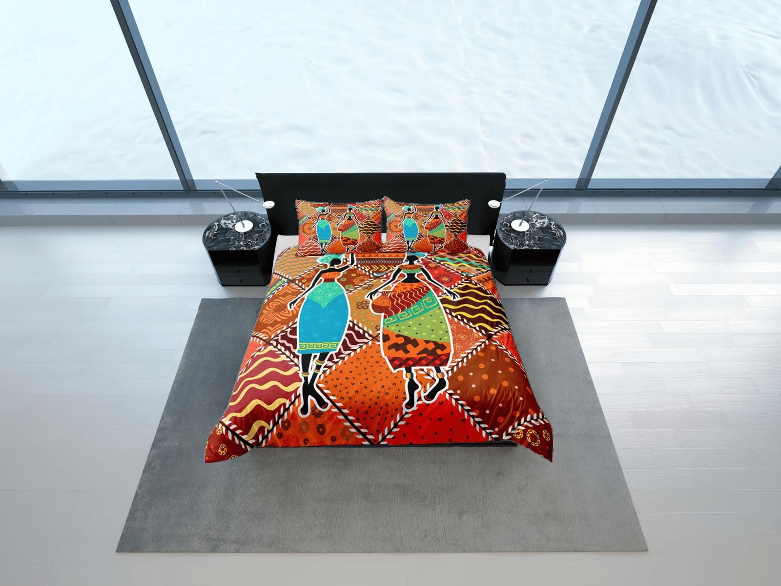 African brown bedding set patchwork duvet cover, boho bedding african ethnic tribal design, afrocentric designer bedding,…