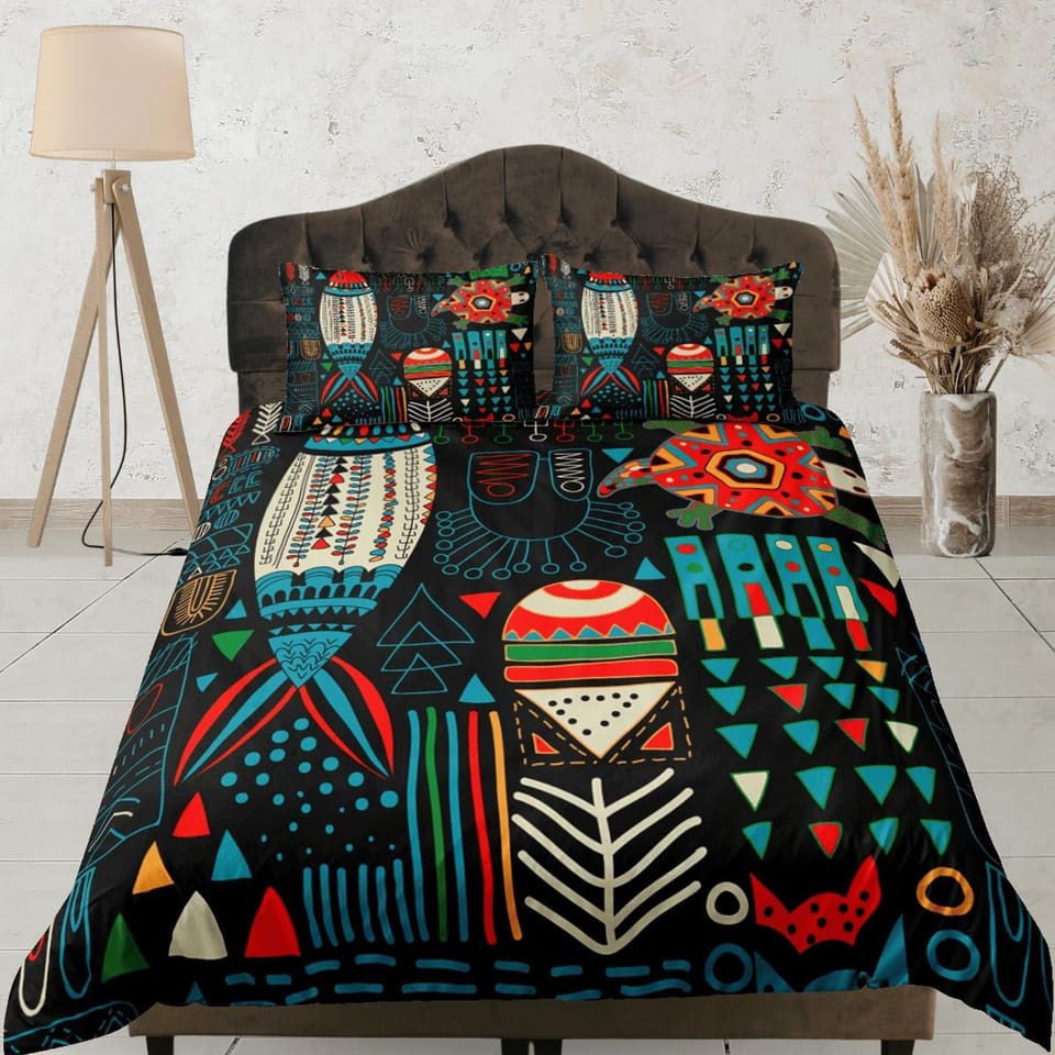 African folk arts colorful bedding set duvet cover, boho bedding, ethnic tribal designs, afrocentric designer bedding, sou…