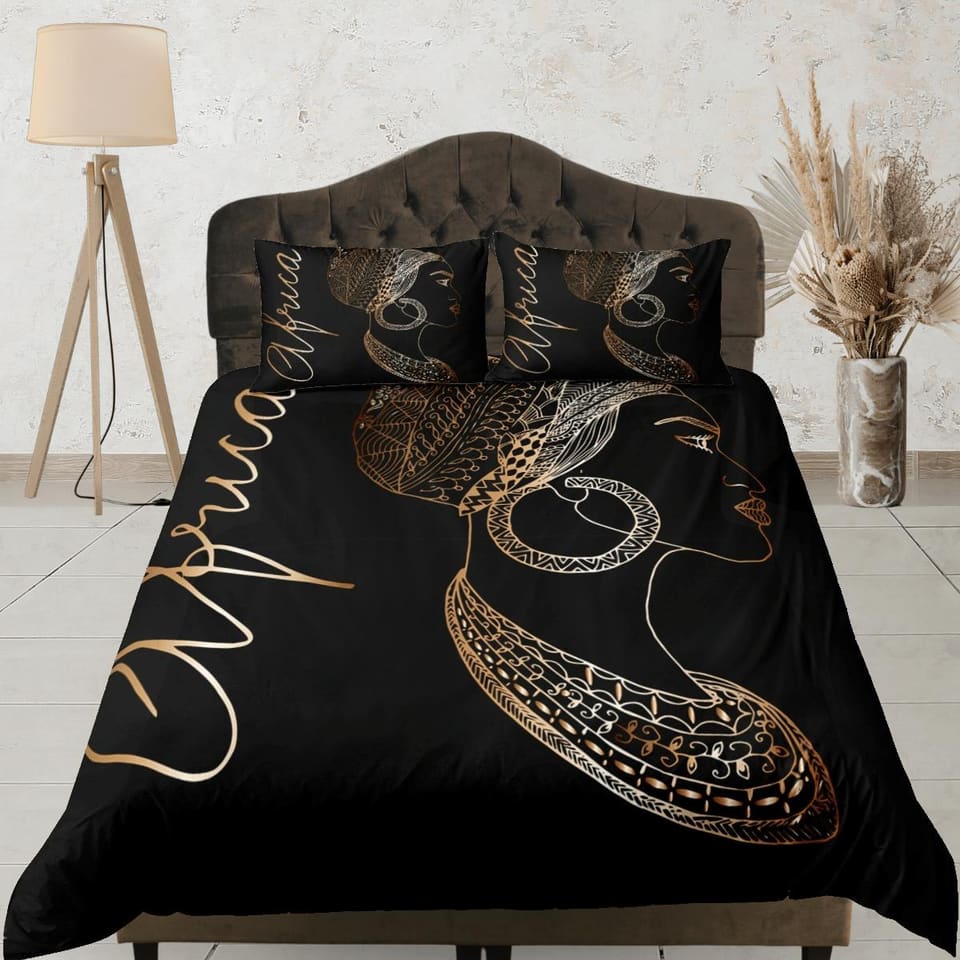 African heritage black bedding set duvet cover, boho bedding, luxurious bronze design, afrocentric designer bedding, south…