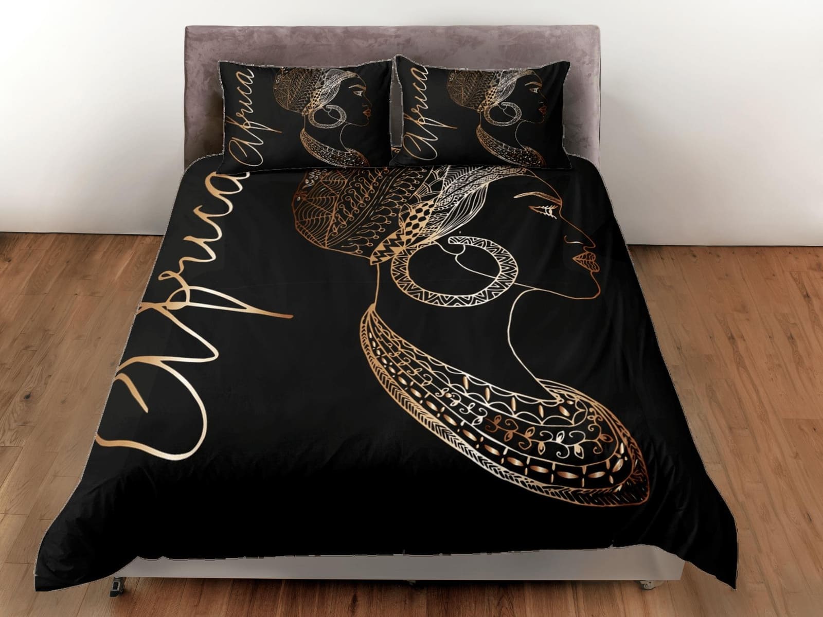 African heritage black bedding set duvet cover, boho bedding, luxurious bronze design, afrocentric designer bedding, south…