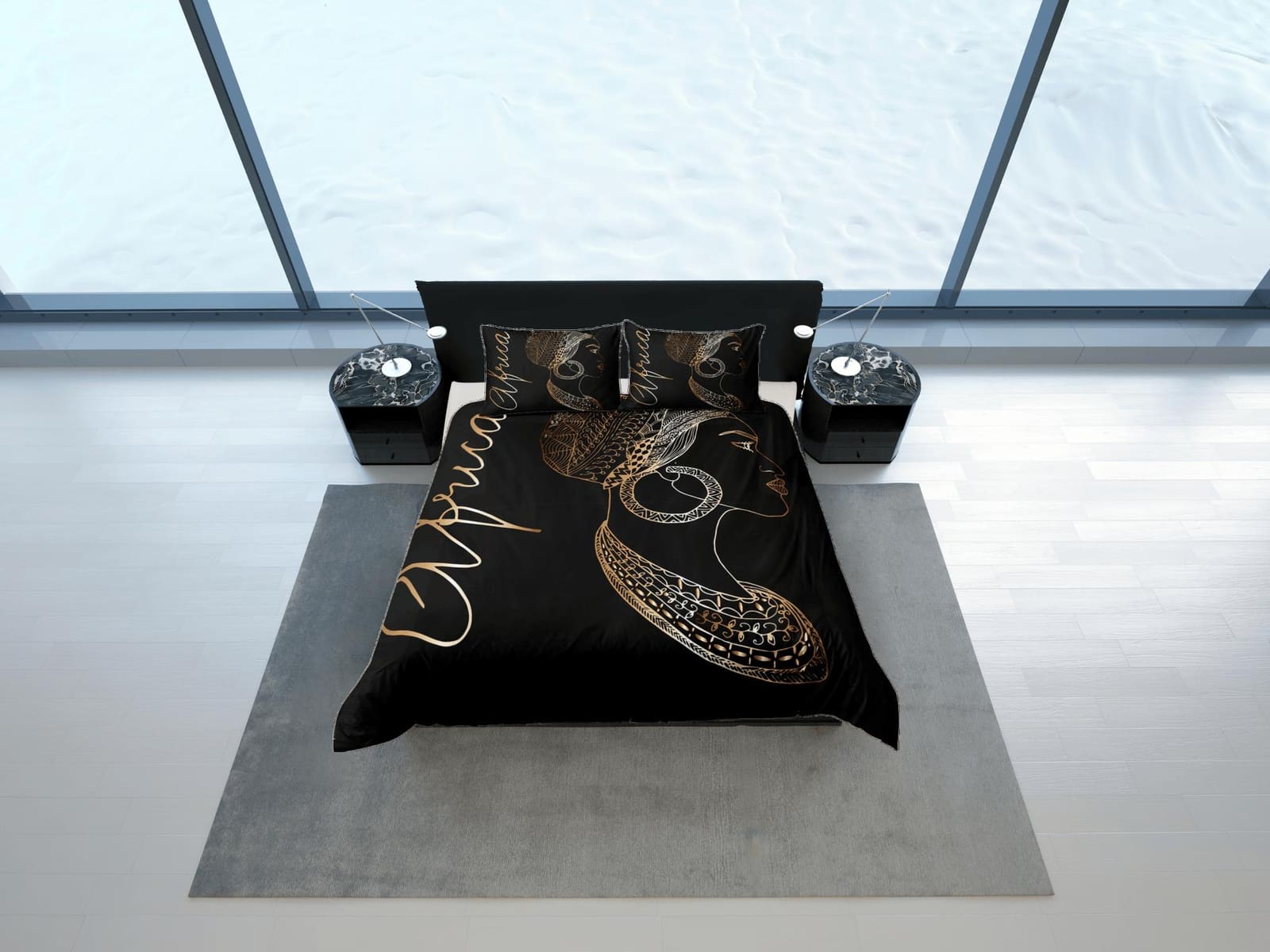 African heritage black bedding set duvet cover, boho bedding, luxurious bronze design, afrocentric designer bedding, south…