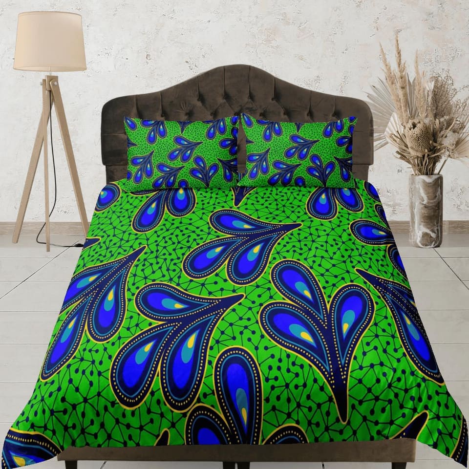 African paisley bedding set green duvet cover, boho bedding set african ethnic designs, afrocentric designer bedding, sout…