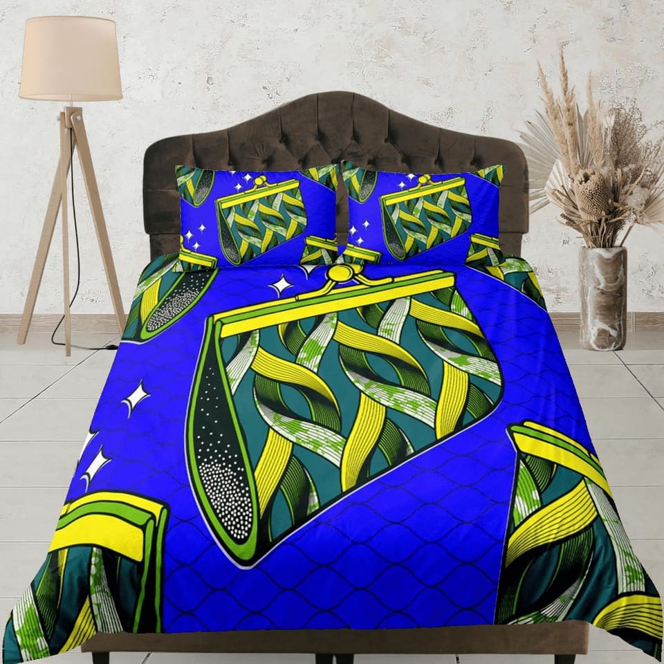 African purse bedding set blue duvet cover, boho bedding set african ethnic tribal designs, afrocentric designer bedding,…