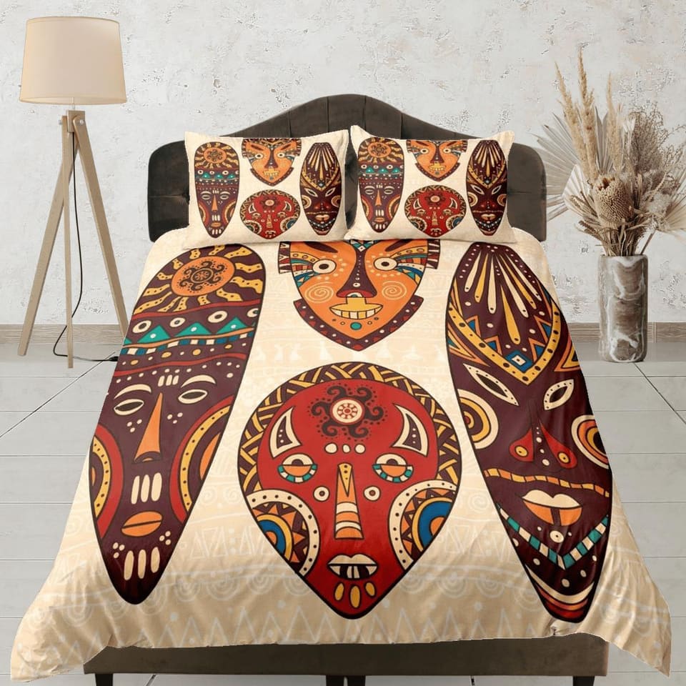 African tribal masks beige bedding set duvet cover, boho bedding set african ethnic designs afrocentric designer bedding,…