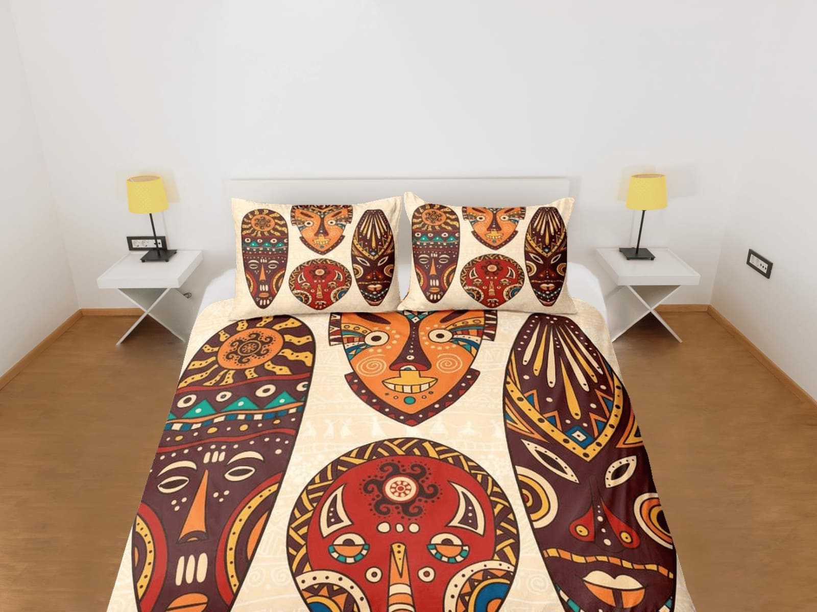 African tribal masks beige bedding set duvet cover, boho bedding set african ethnic designs afrocentric designer bedding,…