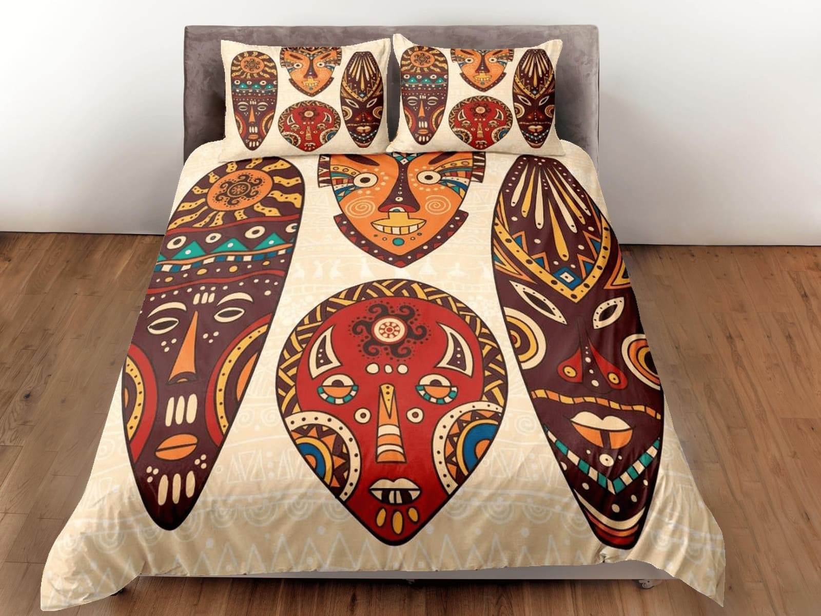 African tribal masks beige bedding set duvet cover, boho bedding set african ethnic designs afrocentric designer bedding,…