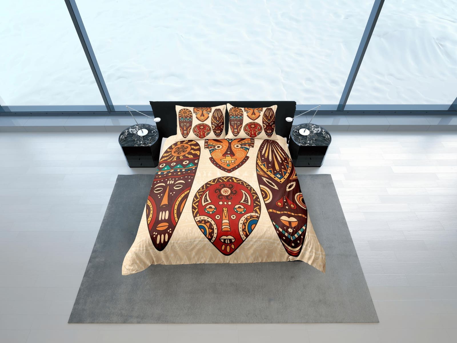 African tribal masks beige bedding set duvet cover, boho bedding set african ethnic designs afrocentric designer bedding,…