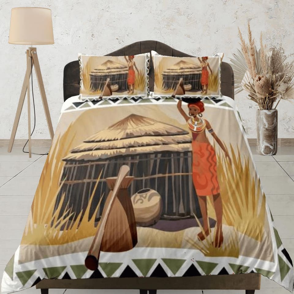 African woman painting bedding set duvet cover, boho bedding, african ethnic designs, afrocentric art designer bedding, so…