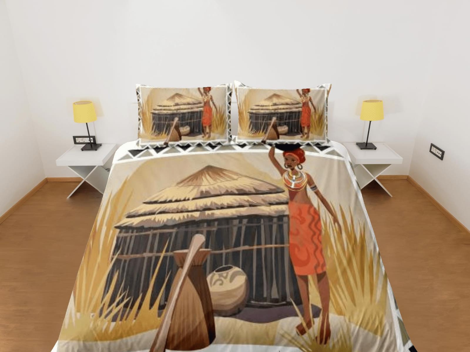 African woman painting bedding set duvet cover, boho bedding, african ethnic designs, afrocentric art designer bedding, so…