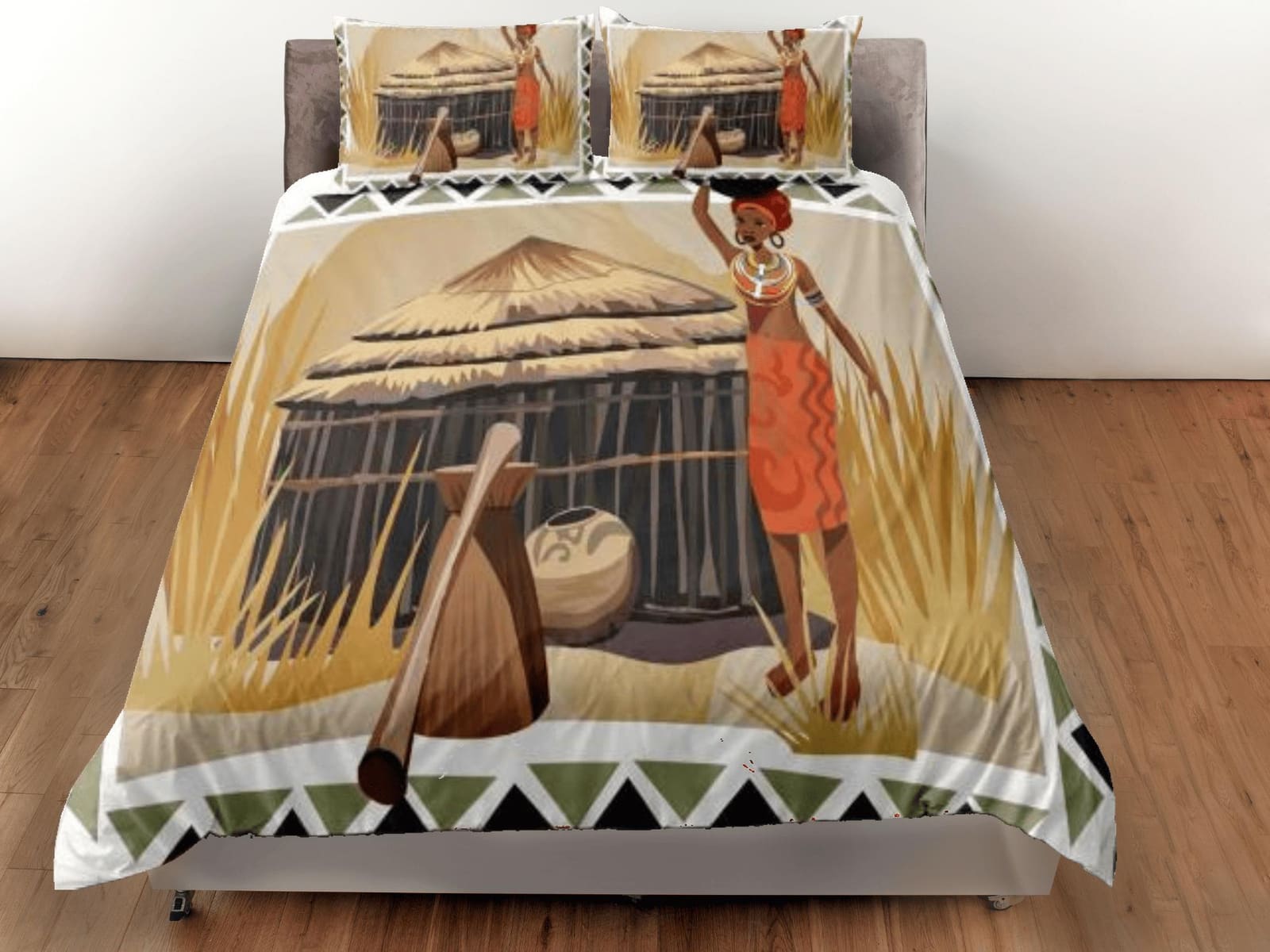 African woman painting bedding set duvet cover, boho bedding, african ethnic designs, afrocentric art designer bedding, so…