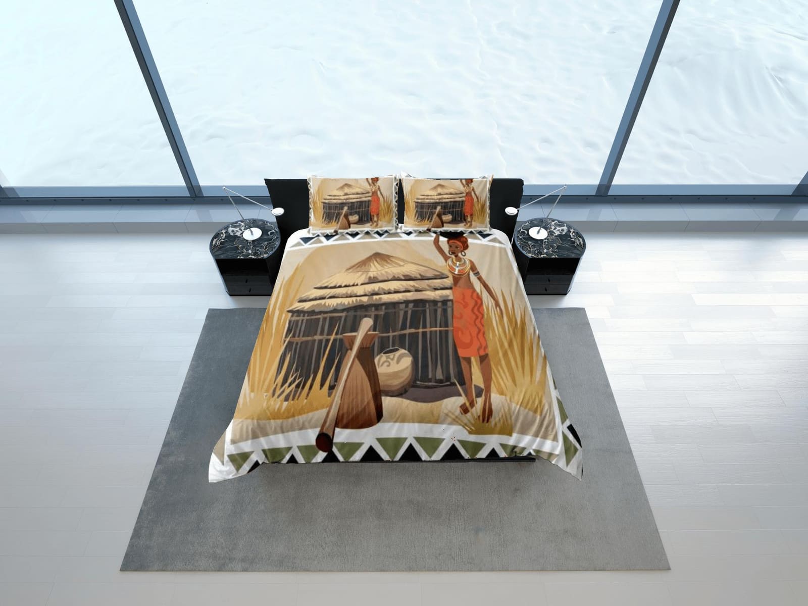 African woman painting bedding set duvet cover, boho bedding, african ethnic designs, afrocentric art designer bedding, so…