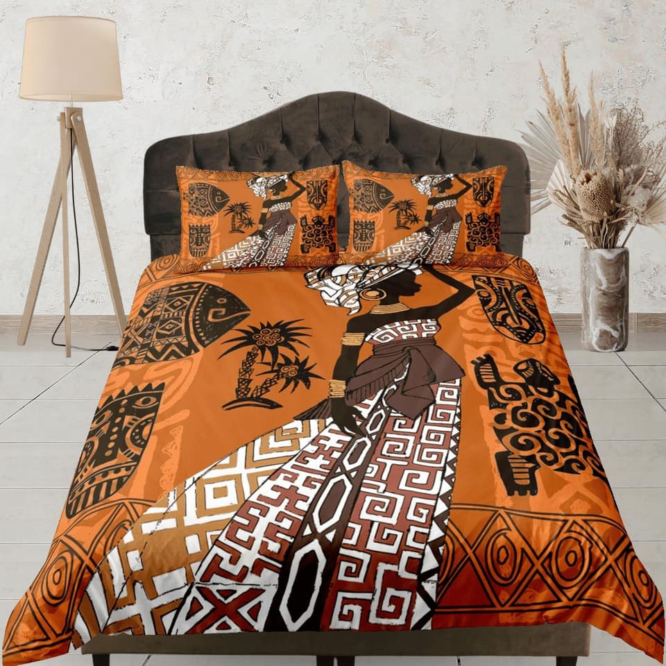 Afro woman african bedding set orange duvet cover, boho bedding, ethnic tribal designs, afrocentric designer bedding, sout…