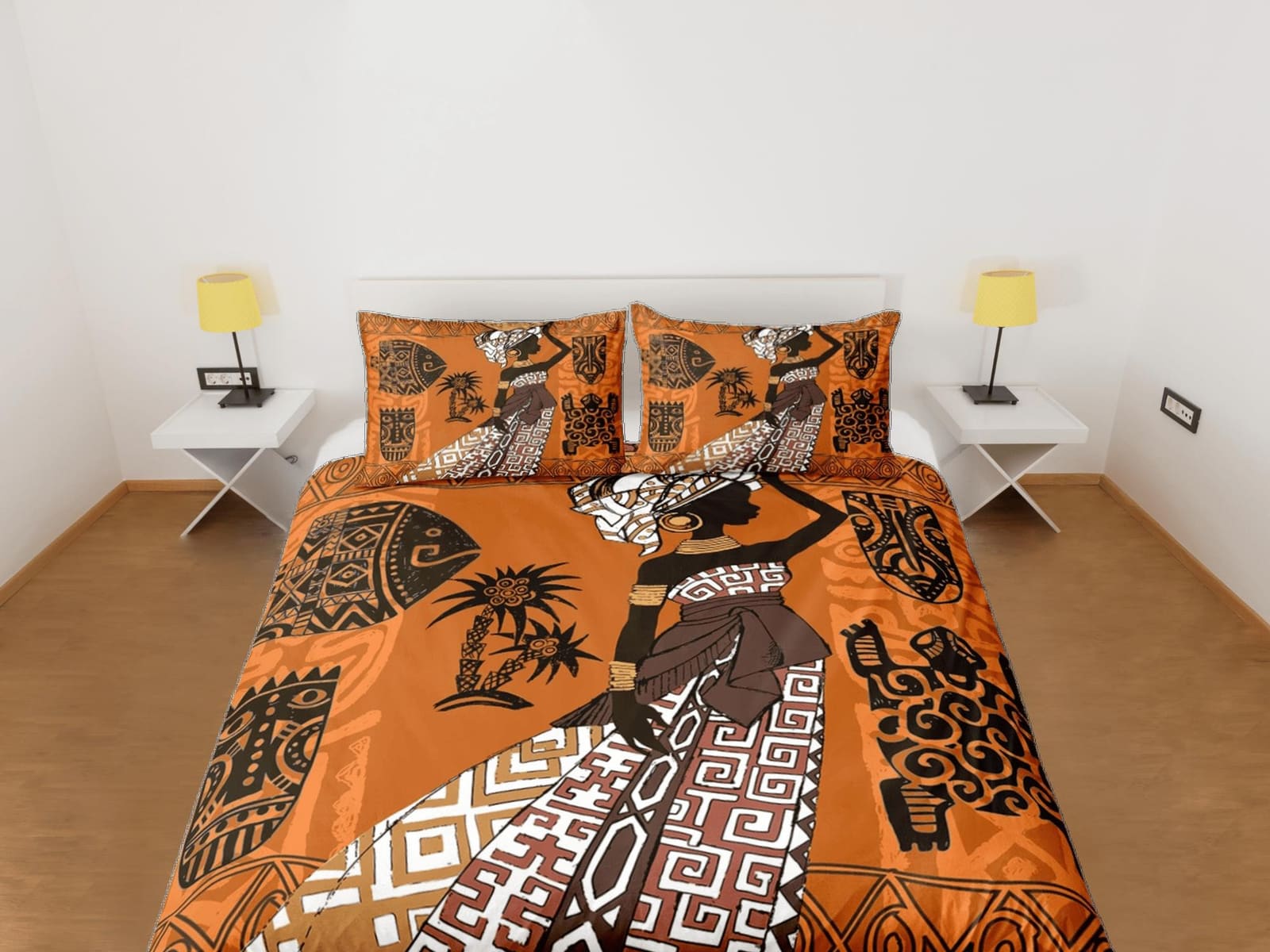 Afro woman african bedding set orange duvet cover, boho bedding, ethnic tribal designs, afrocentric designer bedding, sout…