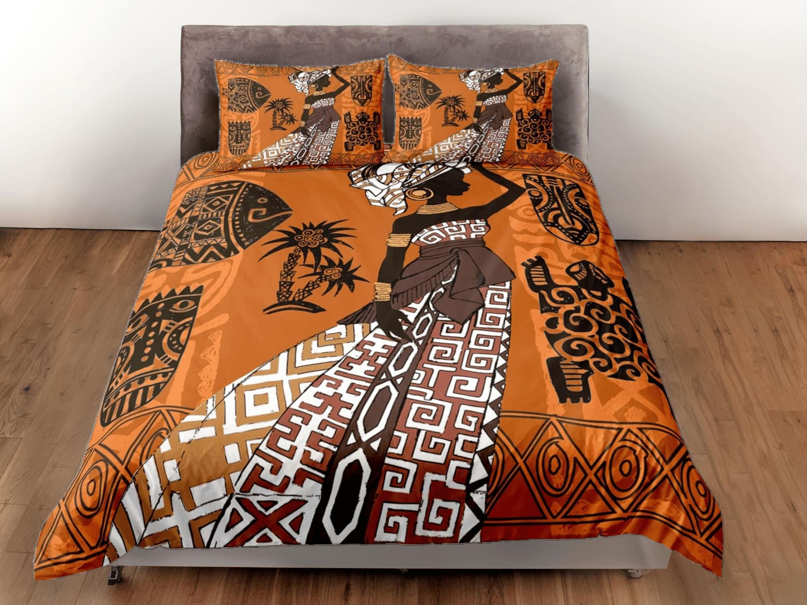 Afro woman african bedding set orange duvet cover, boho bedding, ethnic tribal designs, afrocentric designer bedding, sout…