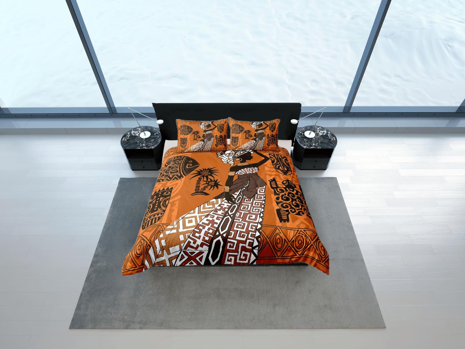 Afro woman african bedding set orange duvet cover, boho bedding, ethnic tribal designs, afrocentric designer bedding, sout…