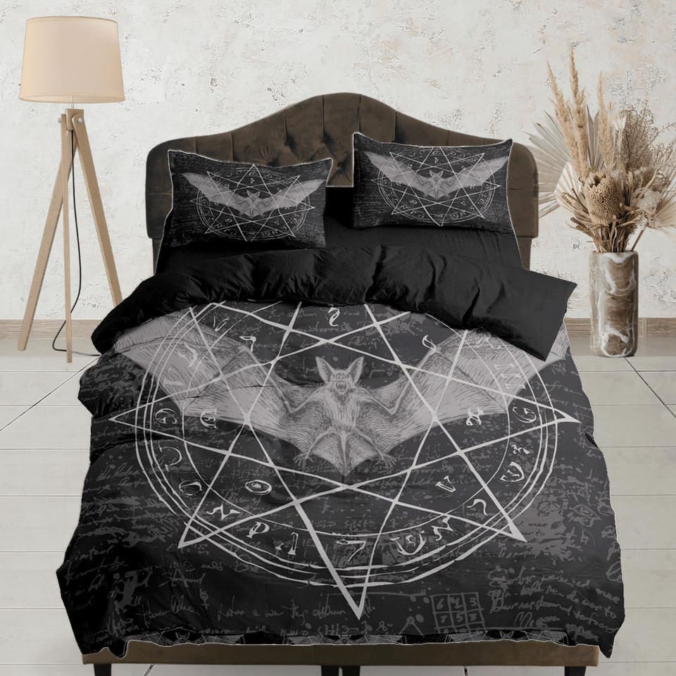 Alchemy goth bat halloween bedding & pillowcase, black duvet cover set dorm bedding, gothic decor, nursery toddler bedding…
