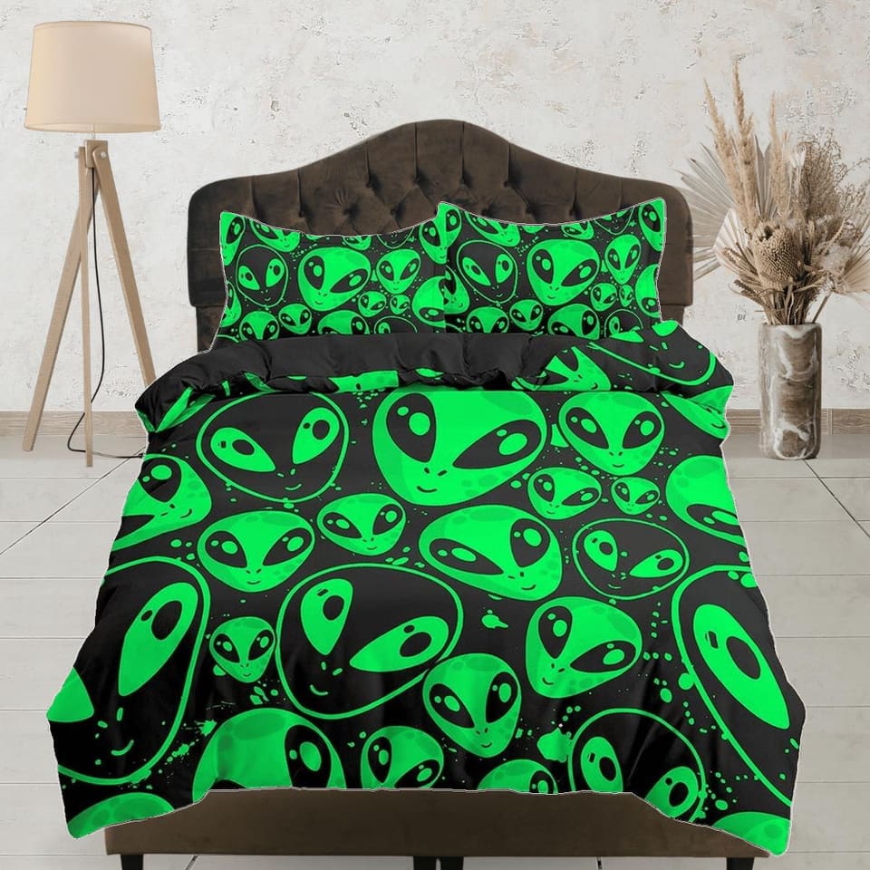 Alien UFO Kids Duvet Cover Set Neon Green, Toddler Bedding, Space Invasion Bedroom, Cute Bedding, Duvet King Queen Full Tw…