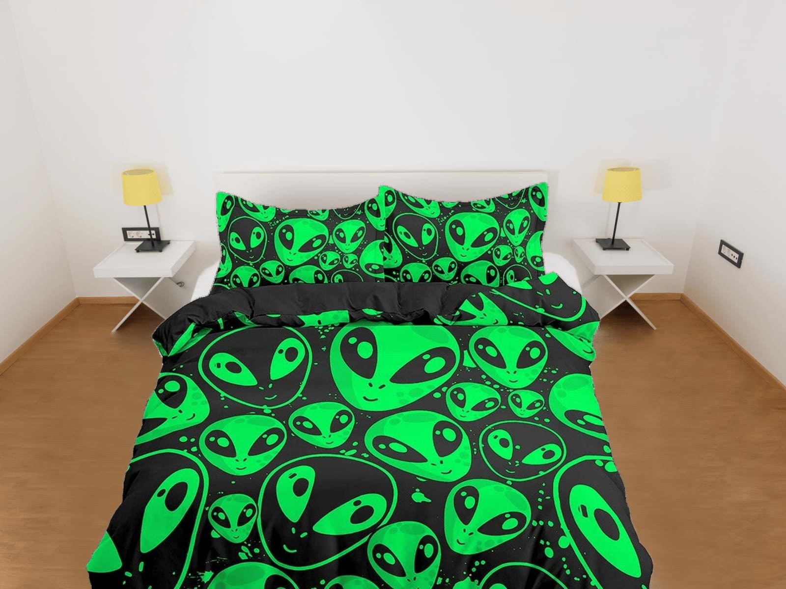 Alien UFO Kids Duvet Cover Set Neon Green, Toddler Bedding, Space Invasion Bedroom, Cute Bedding, Duvet King Queen Full Tw…