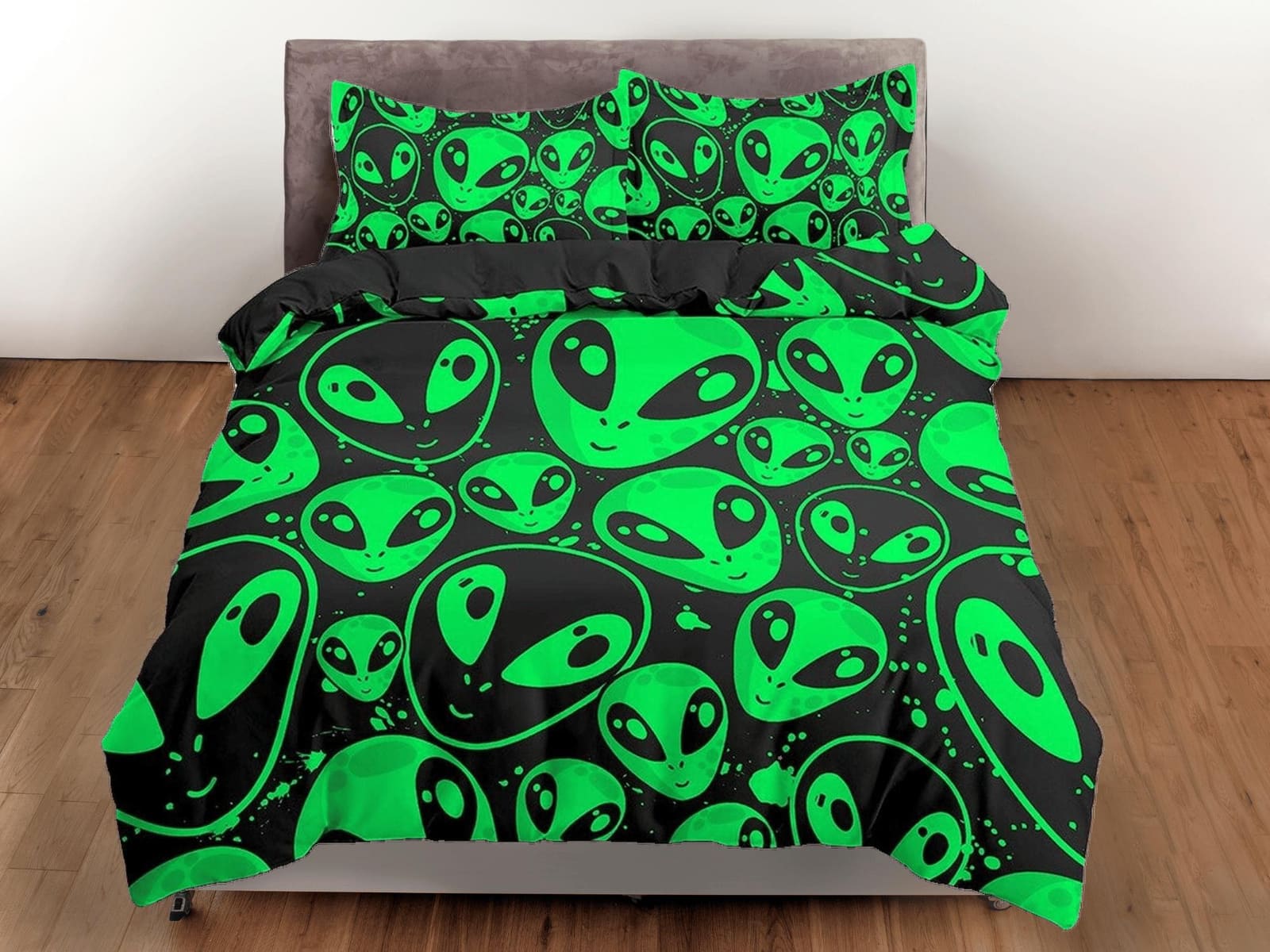 Alien UFO Kids Duvet Cover Set Neon Green, Toddler Bedding, Space Invasion Bedroom, Cute Bedding, Duvet King Queen Full Tw…