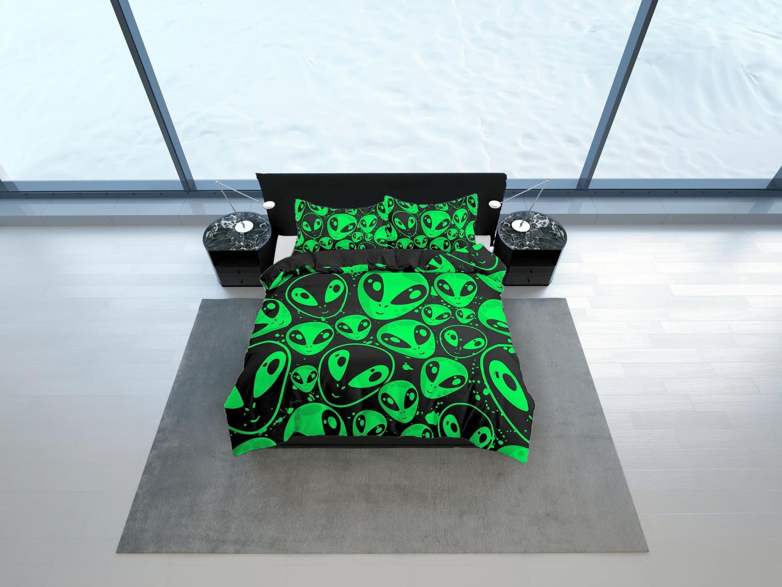 Alien UFO Kids Duvet Cover Set Neon Green, Toddler Bedding, Space Invasion Bedroom, Cute Bedding, Duvet King Queen Full Tw…