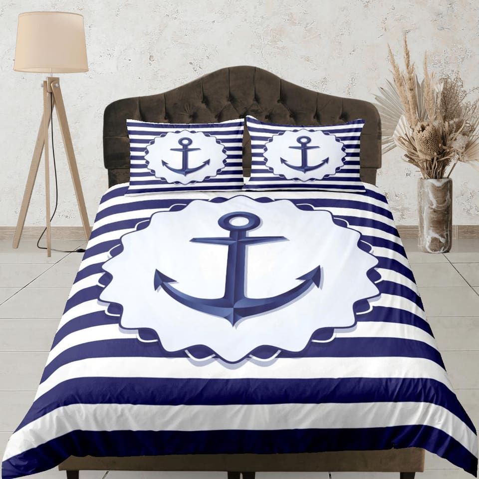 Anchor in blue stripe nautical duvet cover coastal grandma bedding set full queen king, aesthetic beach room decor, ocean…