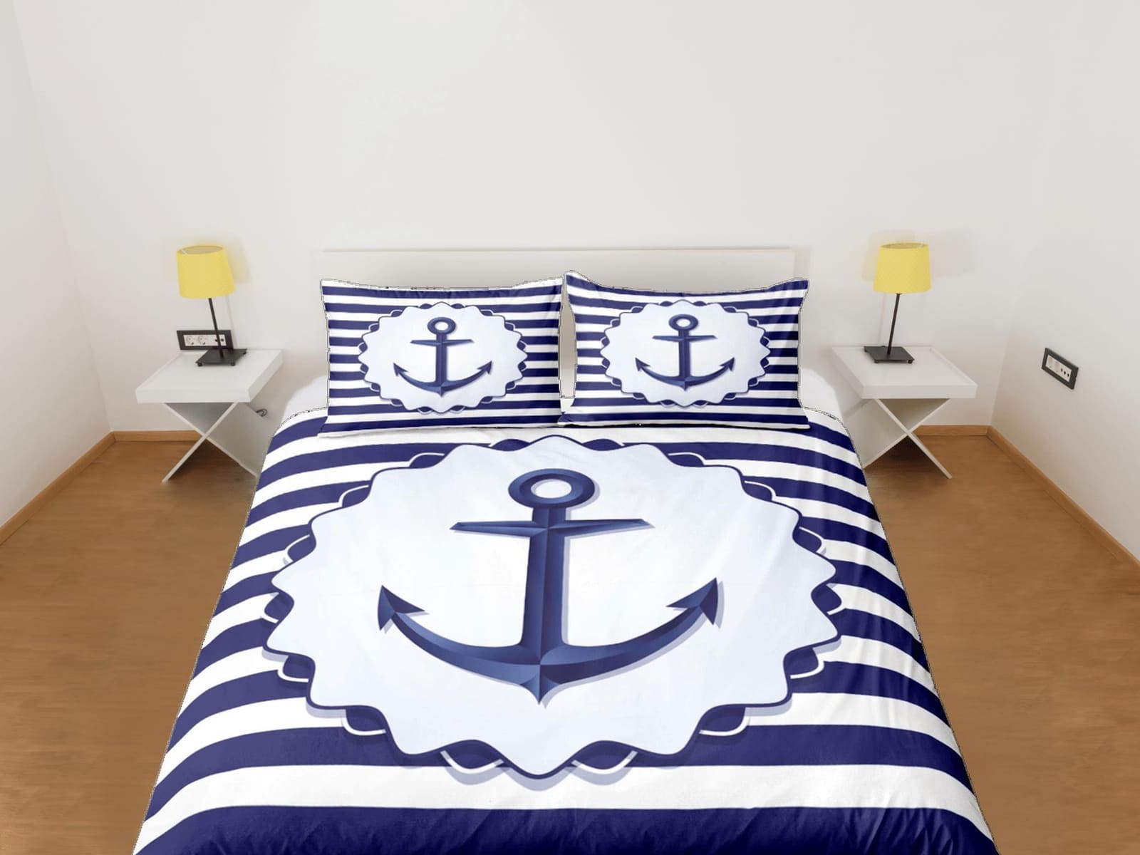 Anchor in blue stripe nautical duvet cover coastal grandma bedding set full queen king, aesthetic beach room decor, ocean…