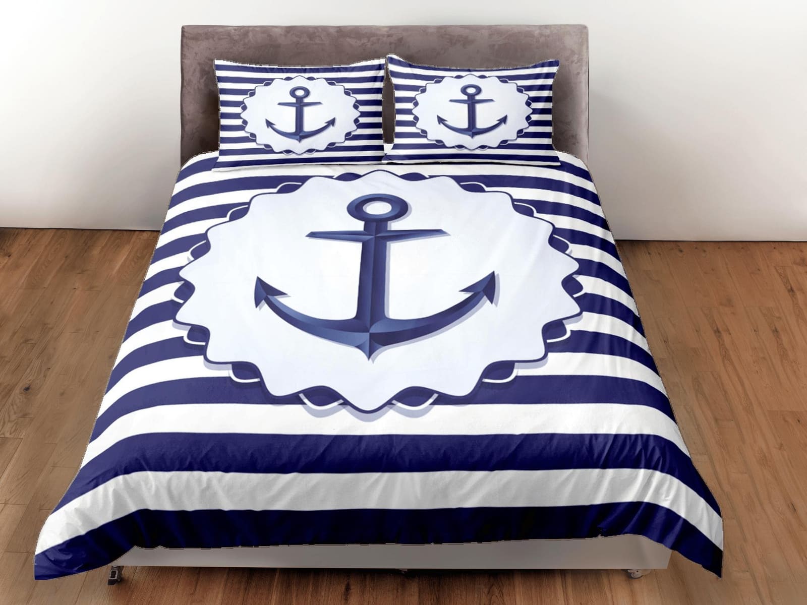 Anchor in blue stripe nautical duvet cover coastal grandma bedding set full queen king, aesthetic beach room decor, ocean…