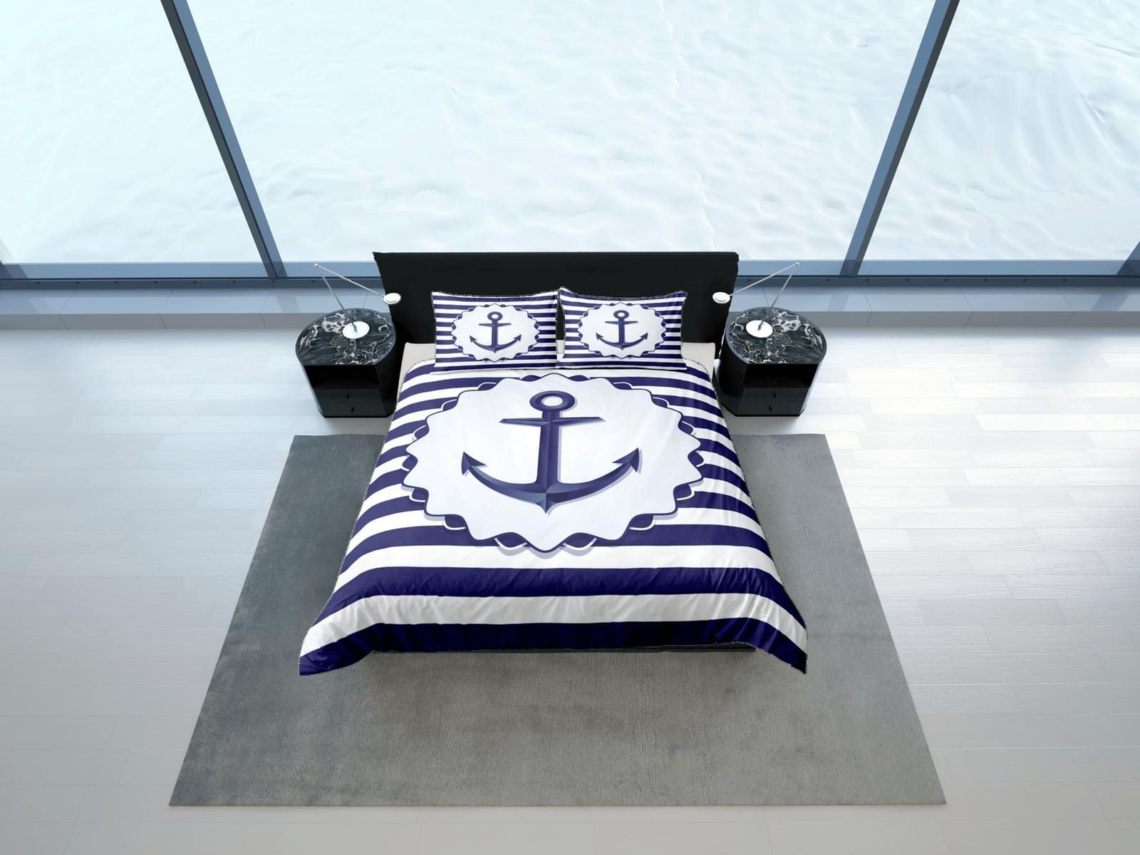 Anchor in blue stripe nautical duvet cover coastal grandma bedding set full queen king, aesthetic beach room decor, ocean…