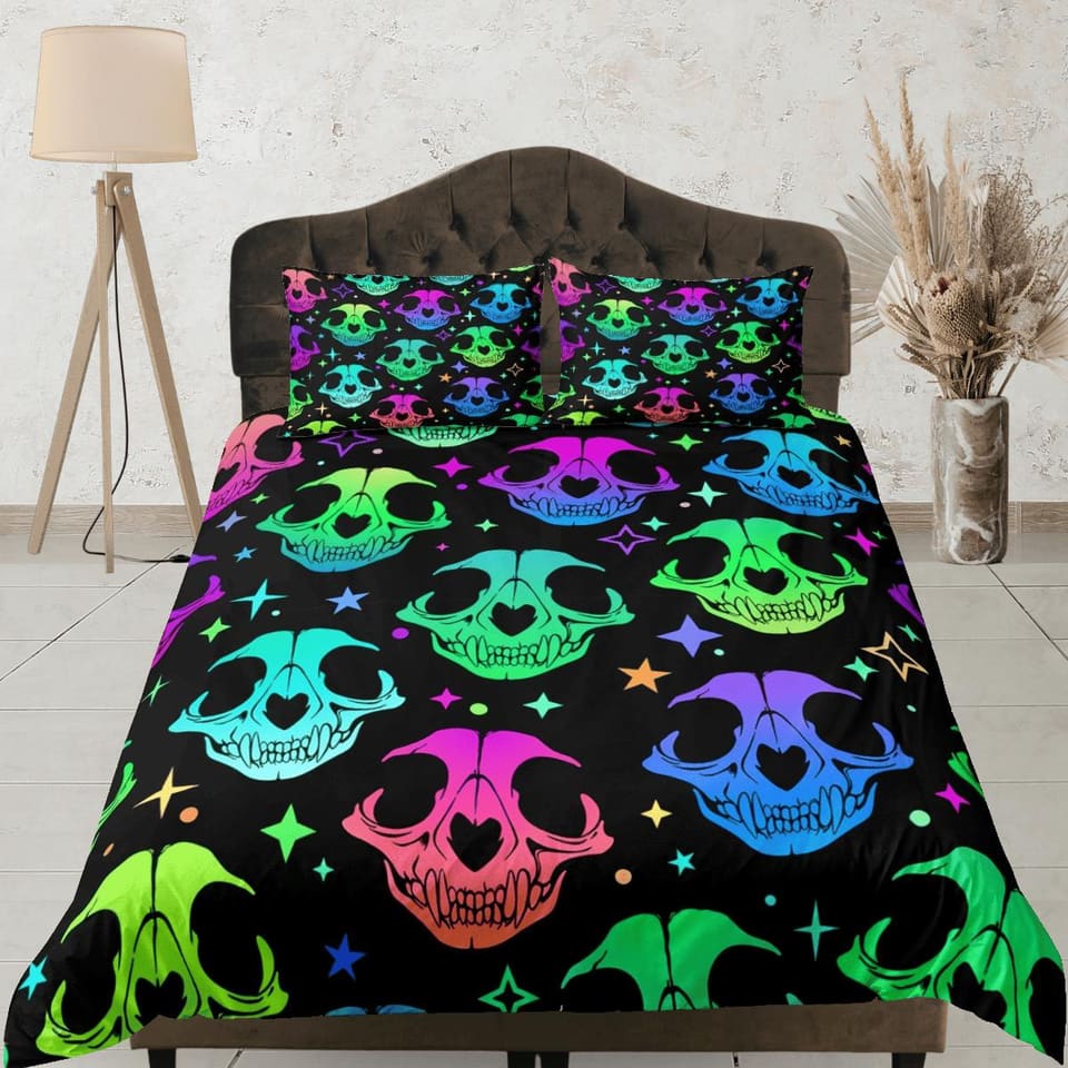 Animal skull 90s neon halloween bedding hippie retro duvet cover set, colorful dorm bedding, teens bedroom, adult duvet, t…