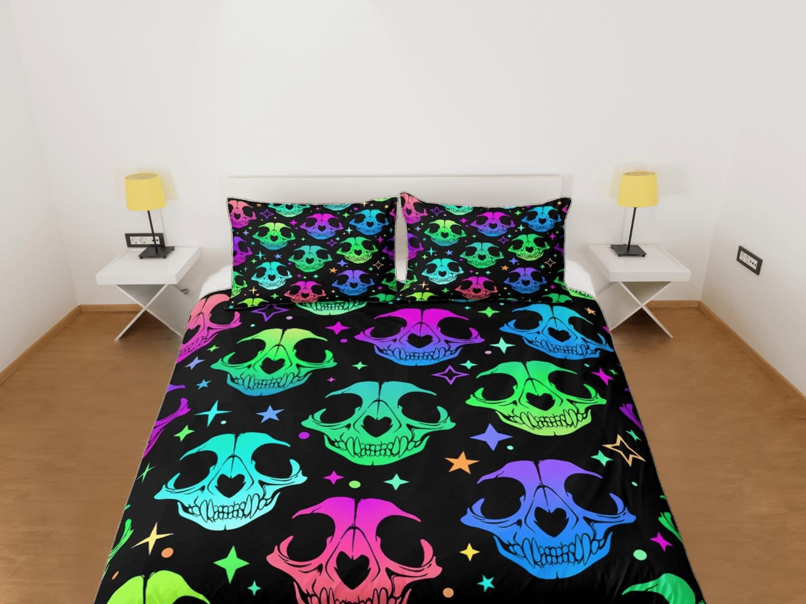 Animal skull 90s neon halloween bedding hippie retro duvet cover set, colorful dorm bedding, teens bedroom, adult duvet, t…