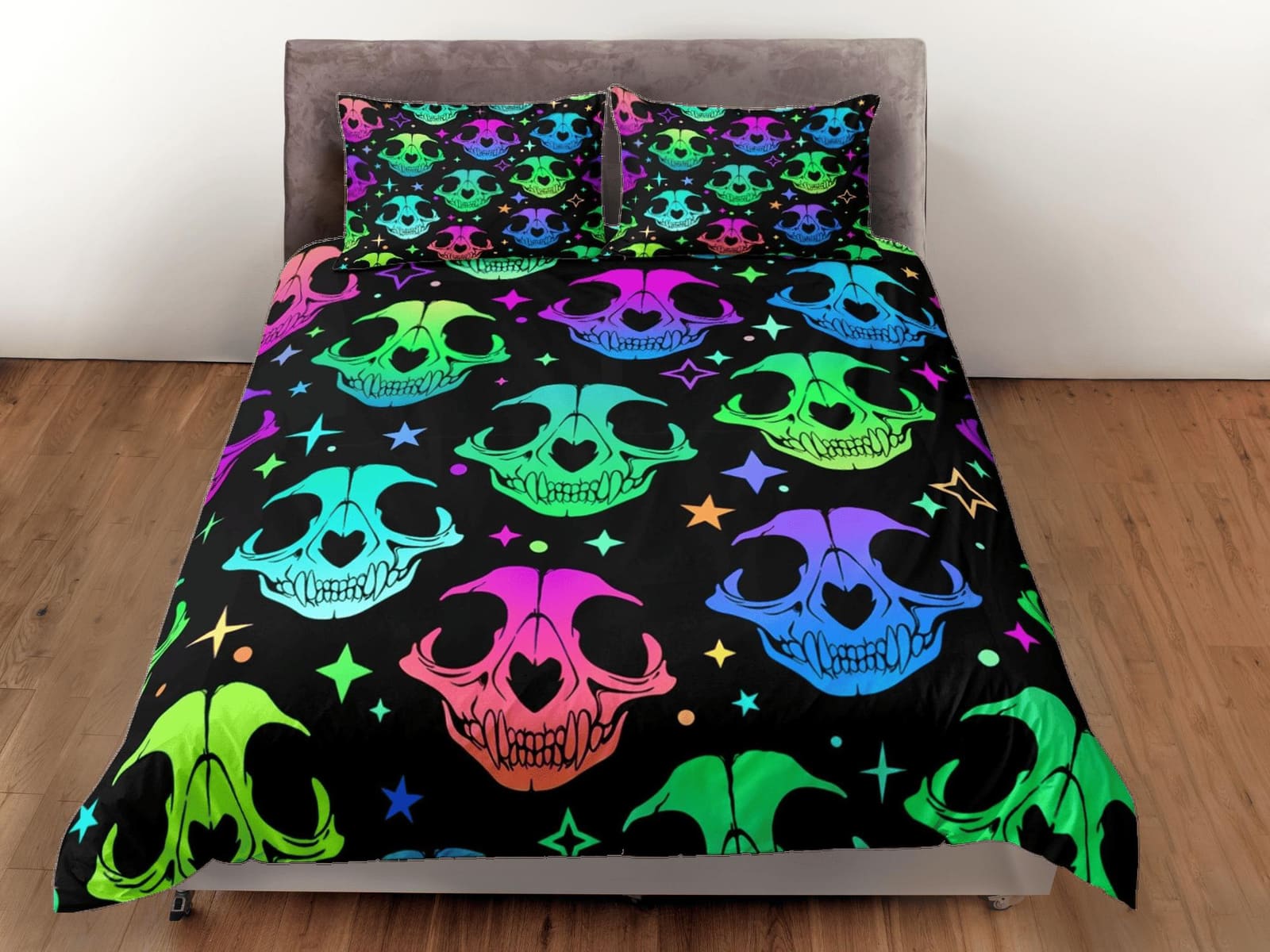 Animal skull 90s neon halloween bedding hippie retro duvet cover set, colorful dorm bedding, teens bedroom, adult duvet, t…