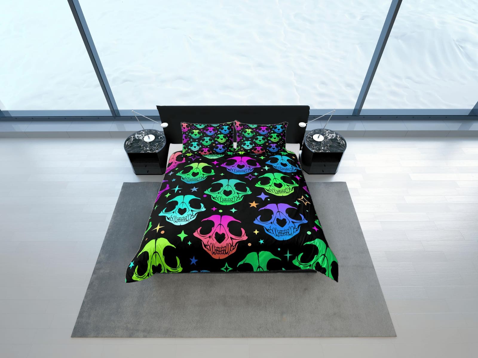 Animal skull 90s neon halloween bedding hippie retro duvet cover set, colorful dorm bedding, teens bedroom, adult duvet, t…