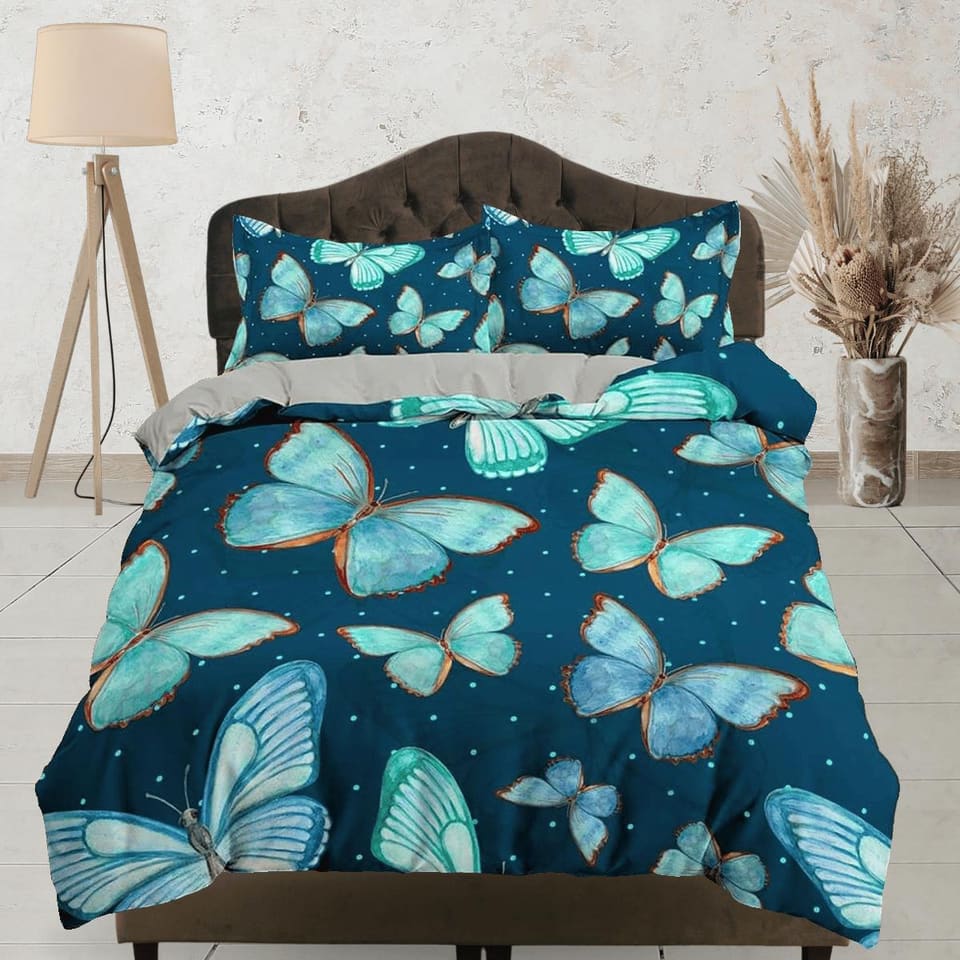 Aqua blue cyan butterfly bedding boho chic aesthetic duvet cover, dorm bedding full size adult duvet king queen twin, nurs…