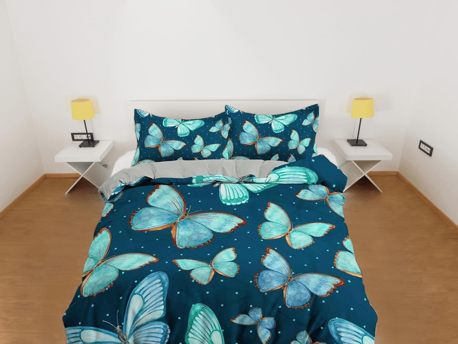 Aqua blue cyan butterfly bedding boho chic aesthetic duvet cover, dorm bedding full size adult duvet king queen twin, nurs…