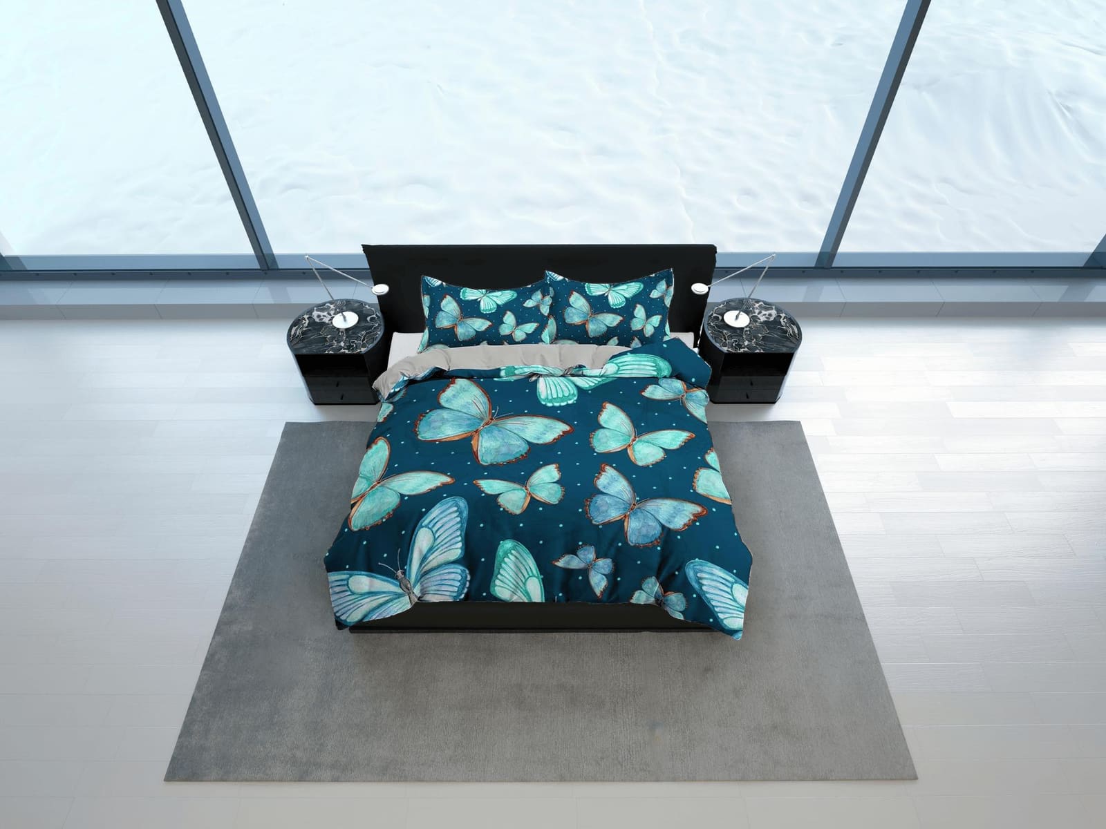 Aqua blue cyan butterfly bedding boho chic aesthetic duvet cover, dorm bedding full size adult duvet king queen twin, nurs…