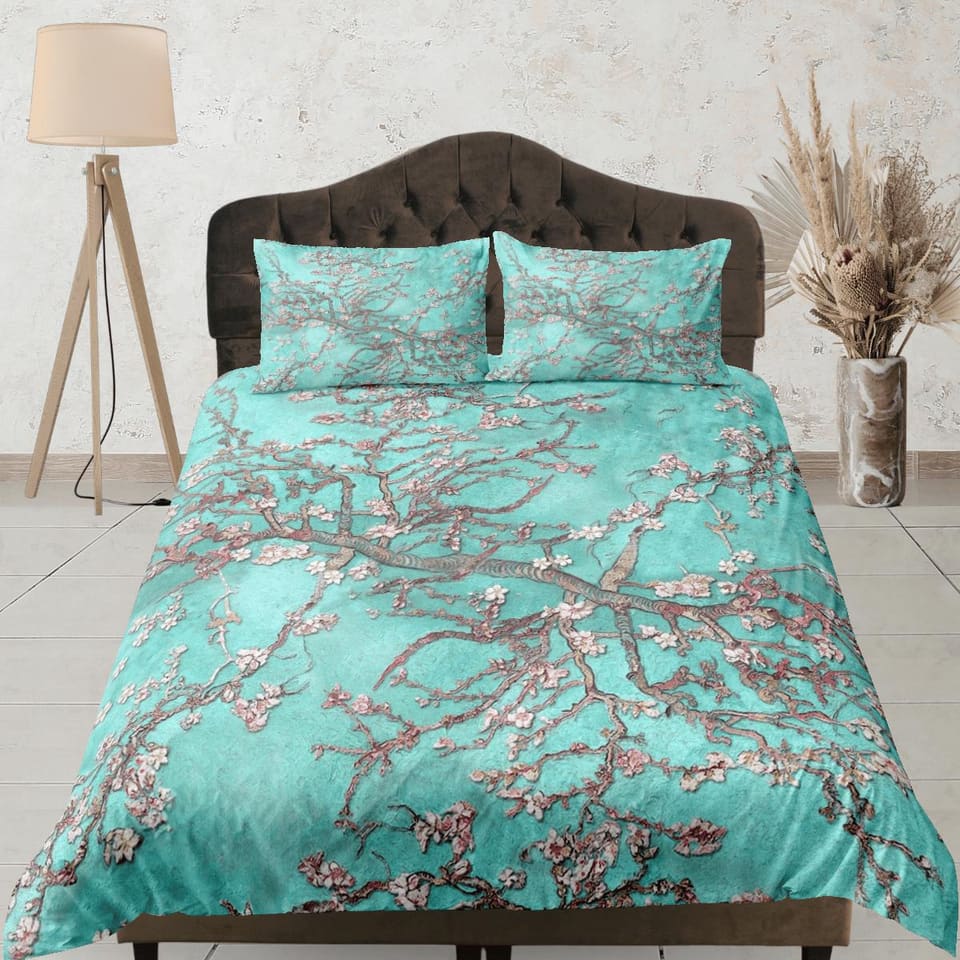 Aqua sea green bedding cherry blossom floral prints duvet cover queen, king, boho bedding designer bedspread full size bed…