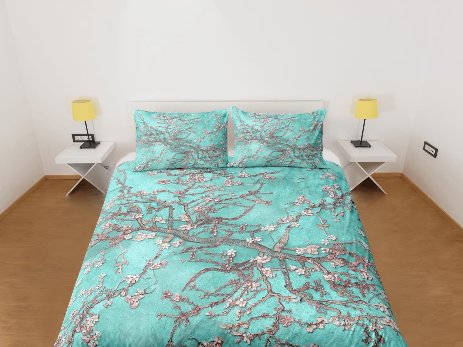 Aqua sea green bedding cherry blossom floral prints duvet cover queen, king, boho bedding designer bedspread full size bed…