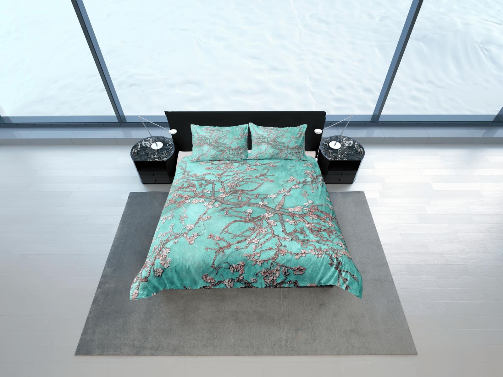 Aqua sea green bedding cherry blossom floral prints duvet cover queen, king, boho bedding designer bedspread full size bed…