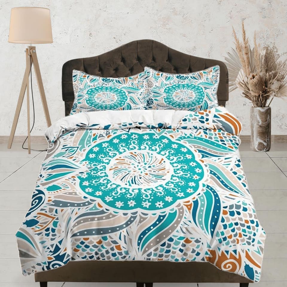 Aqua sea green patchwork quilt fish scales printed duvet cover set, aesthetic bedding set full, king, queen size, boho bed…